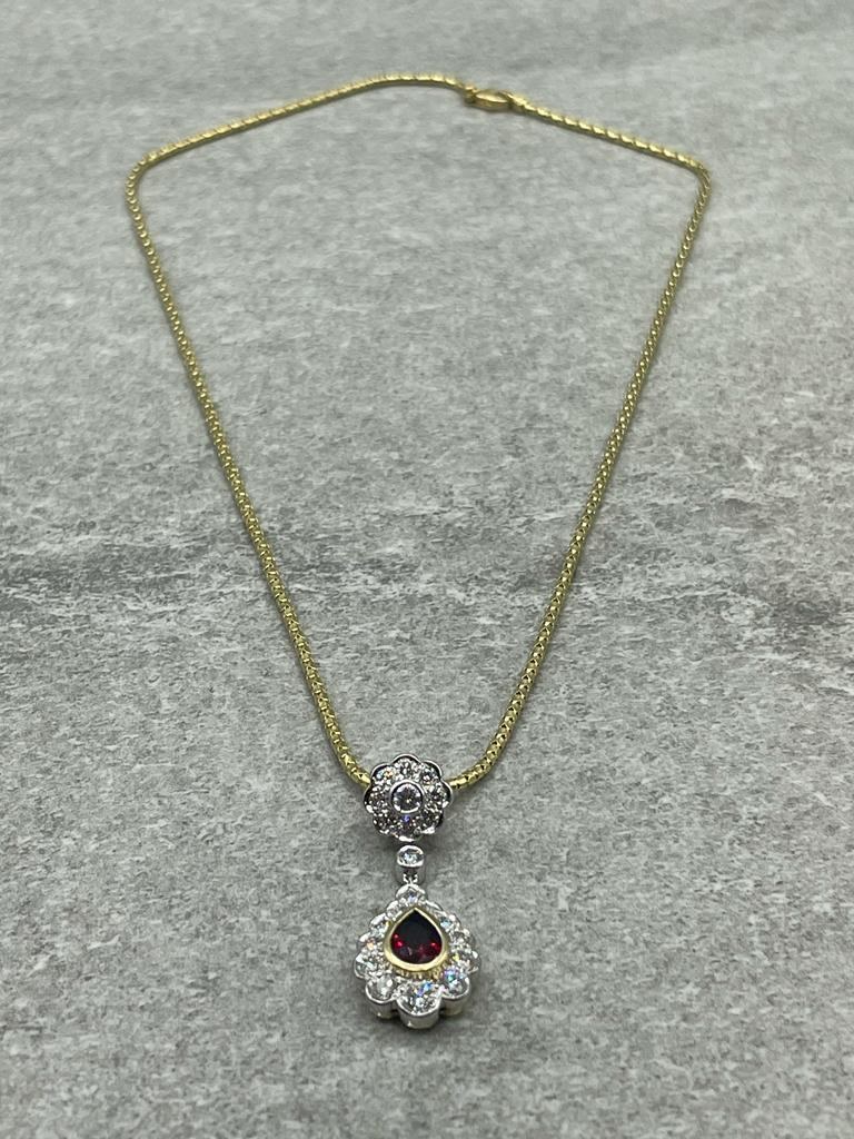 18ct White & Yellow Gold Pear Shaped Natural Ruby (.75ct) & Diamond Cluster (2.0ct) Pendant with 18?