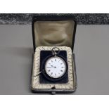 Silver pocket watch with albert chain in original box featuring a white dial with roman numerals,