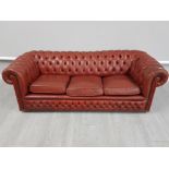 Metal studded red leather 3 seater chesterfield settee