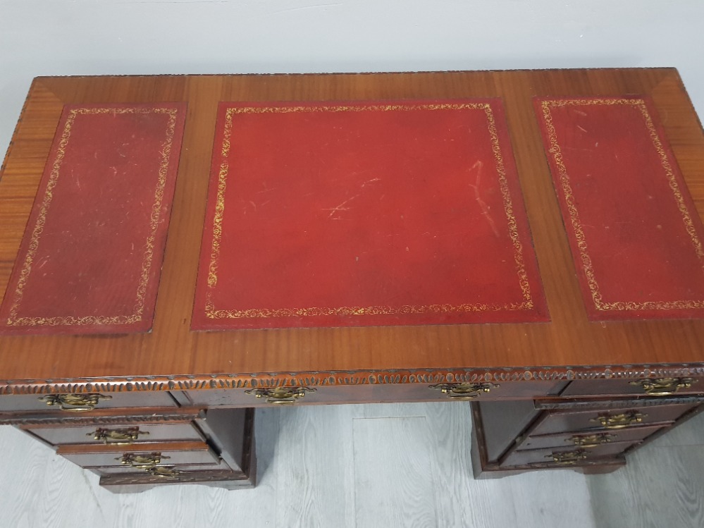 Flame mahogany twin pedestal desk with red leather top & brass handles - Image 2 of 3