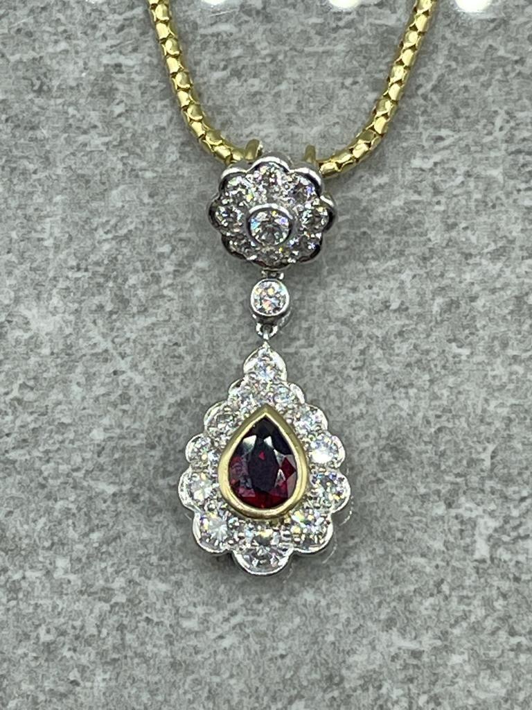 18ct White & Yellow Gold Pear Shaped Natural Ruby (.75ct) & Diamond Cluster (2.0ct) Pendant with 18? - Bild 2 aus 3