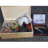 Cigar box of boxed knife, table lighters, bronzed figure of boy with dog & lambs etc