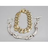 2x silver bracelets, 1x Gents gold plated on silver curb bracelet, 1x ornate silver bracelet, 157.