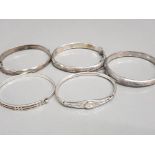 5 x ladies silver bangles, 3x hollow patterned bangles with safety chains, 1x ornate celtic design