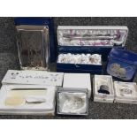 Box containing a selection of silver plated and metal items including silver plated Christening