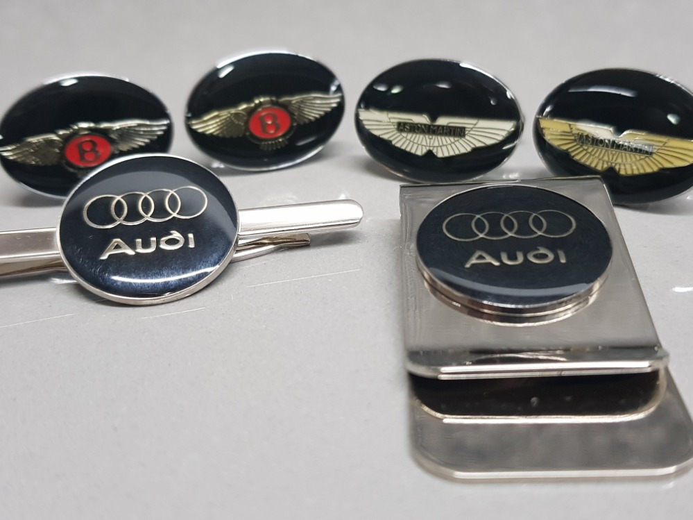 2 pairs of cufflinks in the style of Aston Martin and Bentley plus 2 x Audi clips - Image 2 of 2