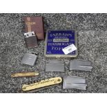 Farrahs harrogate toffee tin containing 5 lighters of which 4 are by Ronson plus 2x pocket knives