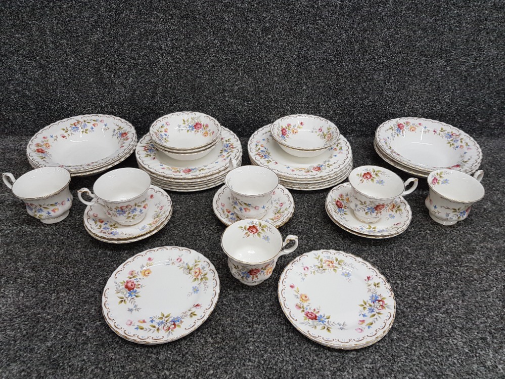 A Royal Albert Jubilee Rose part dinner and tea service to include soup bowls, teacups and saucers