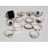 13 silver assorted rings, 12 set with stones & 1 plain band, 55.7g gross