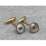 Vintage 18ct Gold & Mother of Pearl Ruby set Torpedo Style Cufflinks 7.6g gross