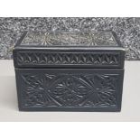 Chip carved wood of ebonised card box & contents