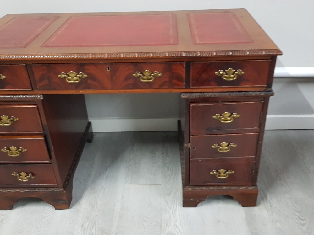 Flame mahogany twin pedestal desk with red leather top & brass handles - Image 3 of 3
