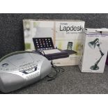 Portable lapdesk with memory foam, usb light, mouse deck & phone holder together with anglepoise