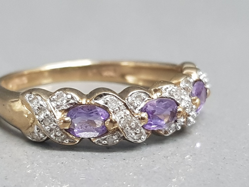 9ct yellow gold diamond and amethyst set ring size o1/2 2.24g gross - Image 2 of 3