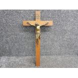 Large hanging wooden crucifix supporting a metal Jesus Christ, 30x60cm