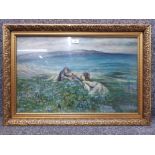 An oil painting by E Jamieson 'Children playing by the Sea' signed 39 x 62cm