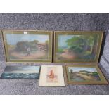 Four oil paintings by G Bohg farm scenes and rough coastal scene, dated 1915, and a watercolour of a