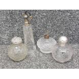 4 cut glass scent bottles, 2 with silver tops