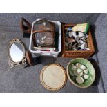 Miscellaneous items to include toby jugs, swing mirror, wicker basket etc in two boxes.