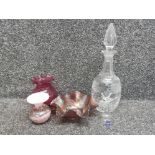 5 glass items includes carnival glass bowl, cut glass decanter, cranberry glass vase, dartington