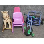 Childs rocking horse together with trike & 6 plastic chairs