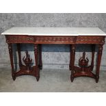 Carved Mahogany inverted break front console table with marble top, fitted with a single drawer