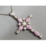 Silver 925 & pink stone crucifix pendant with silver chain, 4.3g