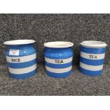 Three T G Green storage jars (no lids) Rice and Tea.