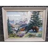 A North American oil painting depicting a bear and stag in a mountainous landscape 24 x 32cm.