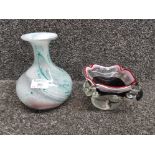 Two studio glass items: vase and ashtray.