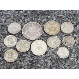 11 mixed coins mostly silver, dates range 1906-1948 including one shilling coins, six pences,