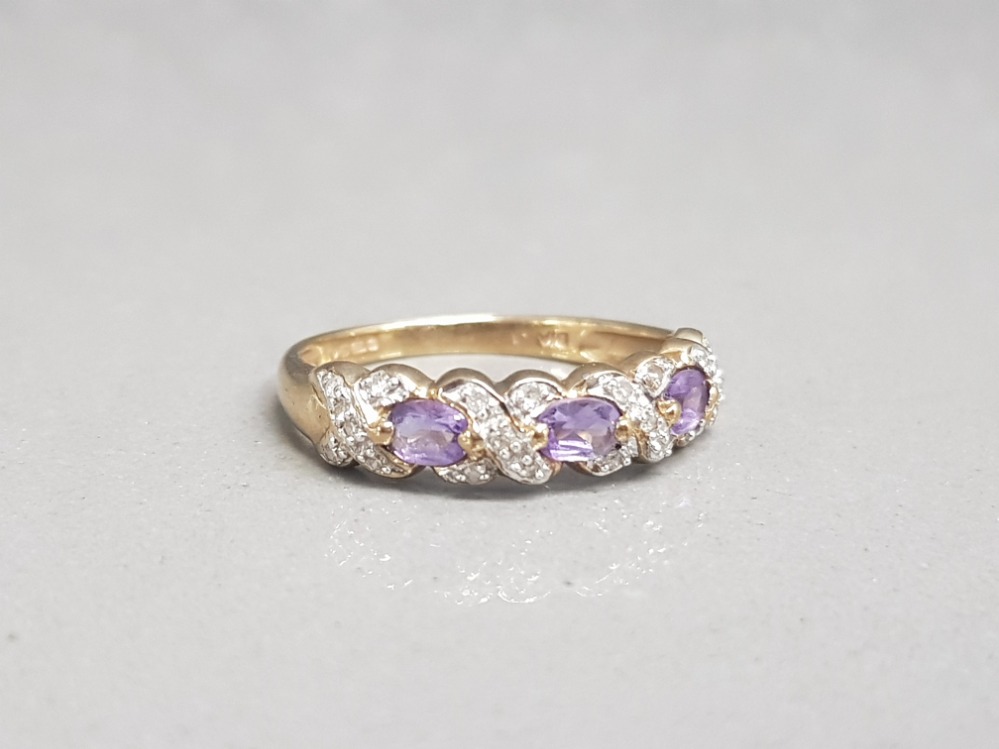 9ct yellow gold diamond and amethyst set ring size o1/2 2.24g gross