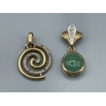 2 x 9ct gold diamond pendants, 1 x Jade