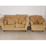 Upholstered tan 3 piece suite on mahogany foot supports includes 3 & 2 seater sofas plus matching