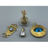 4 x 9ct gold pendant/charm includes bottle of gold and the hand of Fatima