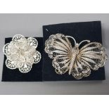 2 vintage filigree brooches in the style of a flower head & butterfly