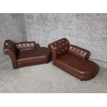 A pair of faux brown leather dog beds in the form of chaise longues with diamante studs.