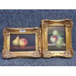 Two oil paintings still lifes of fruit 17 x 12cm.