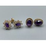 2 x 9ct gold Purple stone stud earrings 1 with CZs