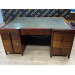 Large 1940s mahogany partners desk with green leather top, fitted with 7 drawers, 120x166cm,