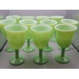 Set of 11 american green milk glass goblets by westmoreland glass co