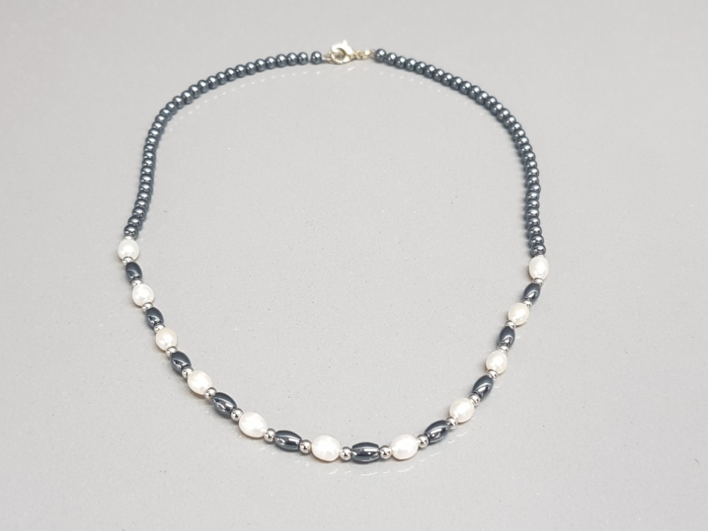 Haematite and freshwater pearl necklet