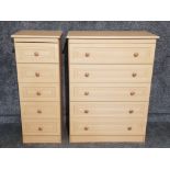 Two matching laminate chests of five drawers 76.5 x 105 x 39cm and 39.5 x 105 x 39cm.