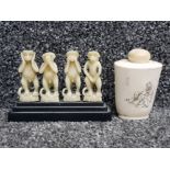 Oriental style snuff bottle together with Monkey group item, hear, see, speak & do no evil