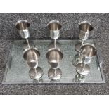 Chrome handled mirror tray with set of 6 stainless steel goblets