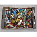 Large box of playworn die cast vehicles etc including trucks cars and planes.