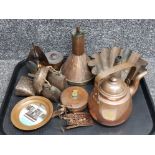 Tray of copper items including jelly mould teapot, good funnel lowbells & leather groundsman tape