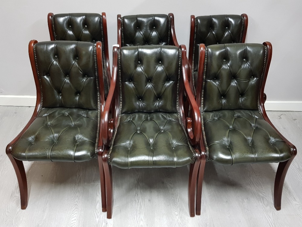 Set of 6 mahogany framed & upholstered green studded Chesterfield dining chairs, include 2 carvers &