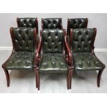 Set of 6 mahogany framed & upholstered green studded Chesterfield dining chairs, include 2 carvers &