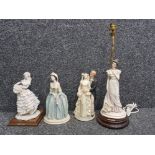 4 cast figures by Bellcari including table lamp with lady